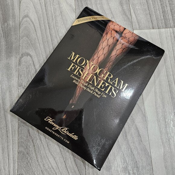 Honey Birdette Monogram Fishnets Black Pantyhose Tights with Logo Size M - Picture 1 of 4